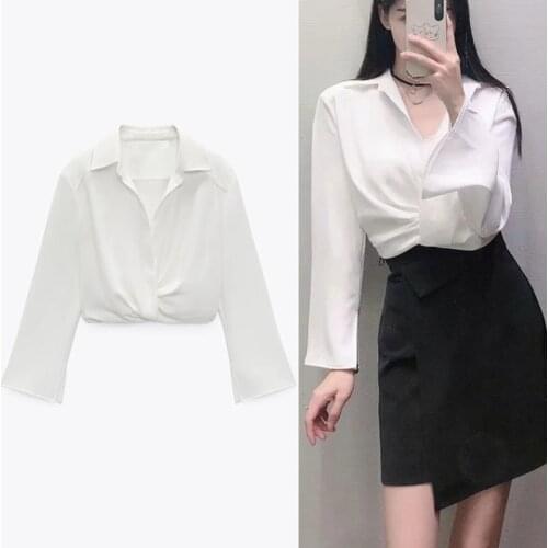 TRAF Summer Ruched Blouses Za Women White Shirt Crop Top Woman Collared Shirts Casual Long Sleeve Pleated Elegant Blouses 2021