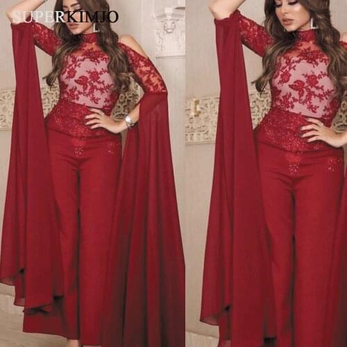 SuperKimJo Burgundy Jumpsuits for Women 2020 Lace Applique Beaded Arabic Style Pants for Weddings Abiti Da Cerimonia Da Sera