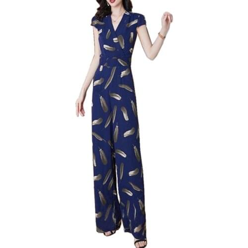 Women summer feather print long jumpsuit short Sleeve female casual chiffon wide leg pants overalls for women