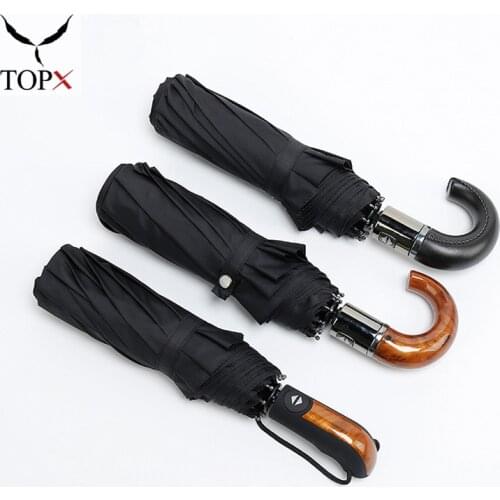 Wind Resistant Umbrella Men Leather Wood Handle British Style 3Fold 10K Automatic Business Men Umbrella Rain Women Large Parasol