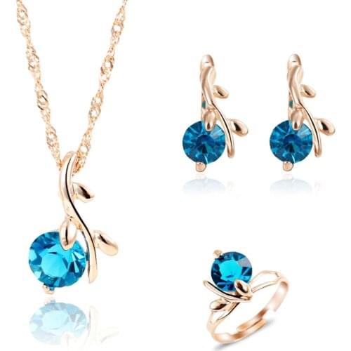 3 pcs/Set Rose Gold Color Sea blue Crystal Jewelry Sets For Women Necklace Earring Ring Jewelry Sets Wholesale Free Shipping