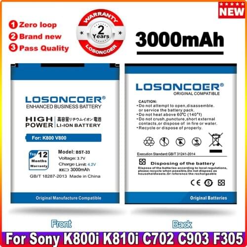 LOSONCOER 2600mAh BST-33 BST 33 For Sony Ericsson W610i W660i W705 W880i Z530i K630 K790 K790i W888C W900i W960i K800 Battery