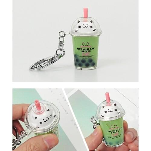 New Mini Cartoon Cat Milk Tea Bottle Keychain Creative Car Key Chain Pendant Bag Key Ring Gift For Man Women