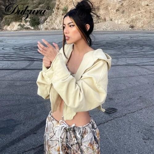 Dulzura 2021 Autumn Winter Women Long Sleeve Hoodie Irregular Sweatshirt Zipper Patchwork Casual Loose Streetwear Short Coats