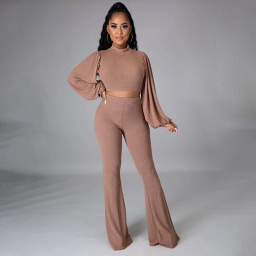 Ribbed Winter Two Piece Set Women Lantern Long Sleeve Crop Top Flare Pants Set Streetwear Fall Clothes for Women 2 Piece Outfits