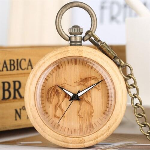 Carve Horse Bamboo Wood Quartz Pocket Watch Bronze Chain Open Face Natural Wooden Pendant Pocket Timepiece Luminous Hands Analog