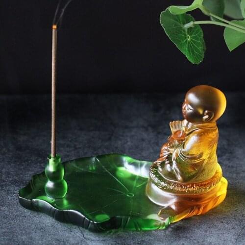 Little Monk Incense Burner Crystal Buddhist Scupture Stick Holder Maitreya Buddha Statue Colored Glaze Censer Home Desktop Decor