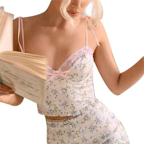 Summer Womens Sexy V-Neck Close Fitting Vest Womens Sweet Lace Patchwork Floral Print Sleeveless Backless Top Homewear