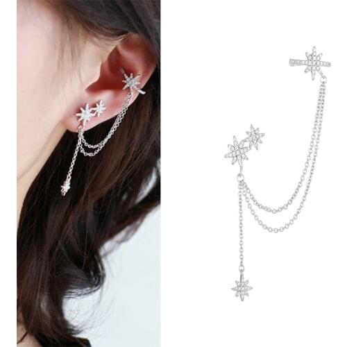 Fashion Star Shape Clip on Earrings with Zircon Ear Clips Brinco Girl Cross Ear Cuff Clips with Chain