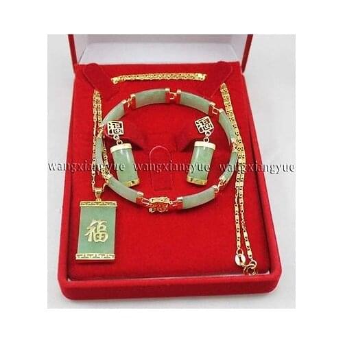 Green Jadess Inlay Link Bracelet earrings Necklace Pendant Set ** plated watch wholesale Quartz jade CZ crystal