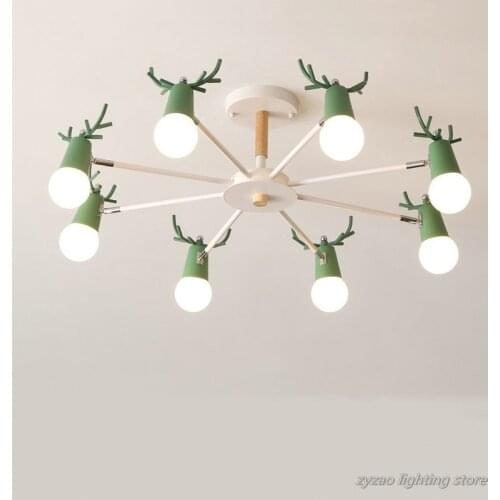 Nordic Macaron Antler Chandelier Lighting Post-modern Bedroom LED Chandeliers Dining Room Iron Wood Deer Head Ceiling Lamp E27