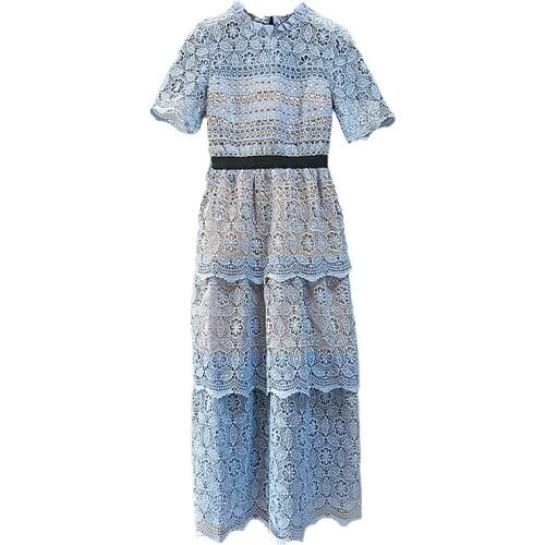 2020 New Style Women Lace Dress Hollow Out Sexy Floral Female Midi Dress Short Sleeve Ruffles Collor Lady Party Dresses
