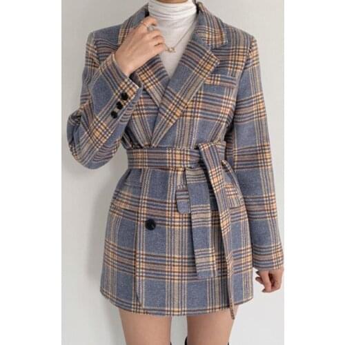 Korea NEW Autumn Winter Vintage Suit collar Plaid Jacket Womens Elegant Temperament Slim Coat With belt Female Woolen Outwear