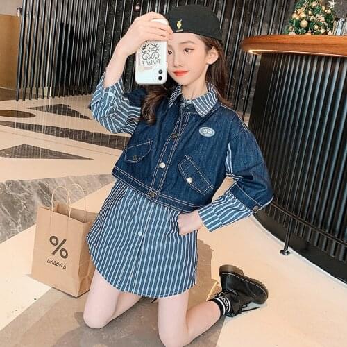 Girls Striped Shirt Denim Vest Patchwork Fake Two Pieces Kids Tops Autumn Blue Outerwear Long Blouse Children Clothing 10 12 13Y