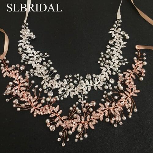 SLBRIDAL Handmade Clear Crystal Pearl Flower Leaf Wedding Headband Hair Vine Bridal Headpiece Hair accessories Bridesmaids Women
