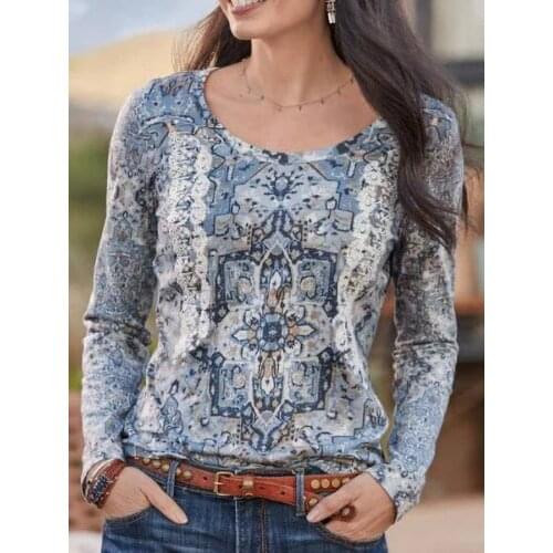 Spring and autumn leisure long sleeve round neck folk printed T-shirt loose womens T-shirt 2021 new oversize womens top myh025