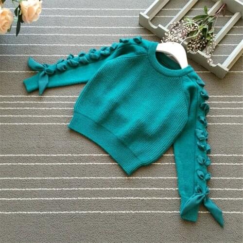 Fashion Sweaters Girl Long Sleeve Knitted Spring Pullovers Girls Lace Bow Knitwear O-neck Ribbon Sweaters Warm Baby Girl Clothes