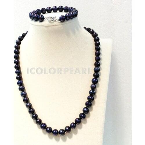 WEICOLOR Good Quality Shiny 20" Long 7.5-8.5mm Round Black freshwater Pearl Set.(Necklace+Bracelet+Earrings)
