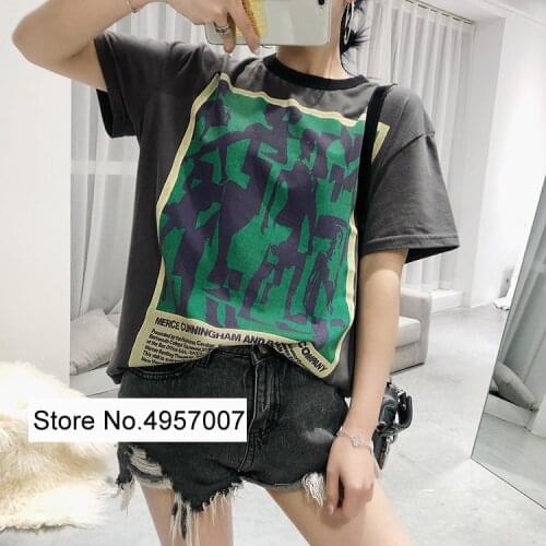 Cotton Ivory/Pink/Grey Round Neck Short Sleeve Pattern Print T Shirt - 2019 New Women Fashion Tees Top