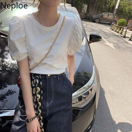 Neploe Summer Shirts for Women 2021 Korean Fashion Tshirt O-neck Short Puff Sleeve Tees Loose All-match Cotton White Tops Mujer