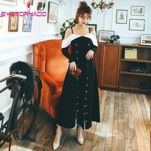 Plus Size Women Long Dress Button Decoration Long Sleeve Casual Vintage Maxi Sexy Strap Off The Shoulder Boho Dress