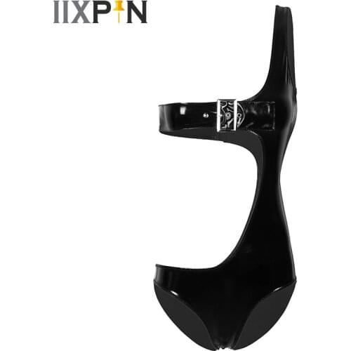 Womens Sexy One Shoulder Hollow Out Leotard Bodysuit Lingerie Sexy One-piece Patent Leather Lingerie Bodysuit Sexy Nightwear