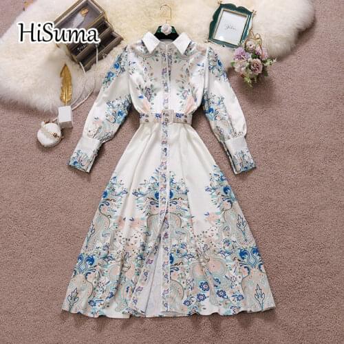 2021 spring new women stand collar lantern sleeve print chiffon A-line dress female Chic waist single breasted dresses