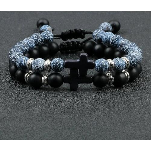 8mm Natural Stone Beads Bracelet Women Men Black Hematite Cross Braided Bangles Yoga Prayer Couple Jewelry Homme Adjustable Size