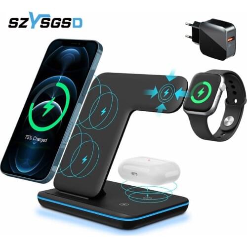 QI 3 In 1 Wireless Charger Stand For Iphone 12/11/XS/Airpods pro/Iwatch 6/5/4 Fast Charge Wireless Charge Stand For Samsung S21
