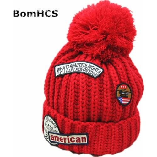 BomHCS Winter Womens Soft Thick Warm Cable Handmade Knitted Letters Beanie Hat with Pom Pom