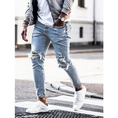 Men Jeans Streetwear Knee Ripped Skinny Hip Hop Fashion Estroyed Hole Pants Solid Color Male Stretch Casual Denim Big Trousers