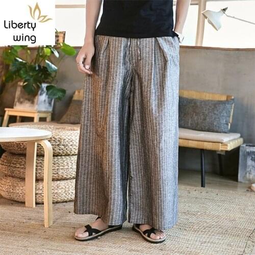 Harajuku Mens Baggy Wide Leg Striped Loose Fit Comfortable Cotton Linen Pants Casual Spring Summer Male Long Trousers