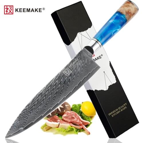 Keemake 8" Damascus Steel Chefs Knife AUS-10 Steel Core Blade Razor Sharp Color Resin Handle Chef Kitchen Knives Meat Cut