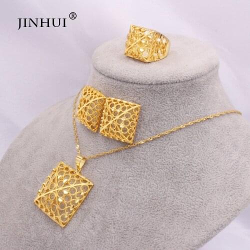 Ethiopia 24K gold jewelry sets for women Africa wedding gifts bridal Party Necklace Earrings ring sets 45cm Pendant jewellery