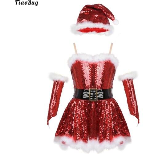 TiaoBug Kids Girls Christmas Santa Dance Costume Outfit Sequins Figure Ice Skating Roller Skating Dress With Hat Arm Sleeves