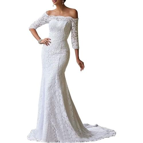 Charmingbridal Mermaid Off the Shoulder Wedding Gowns 3/4 long Sleeve Lace Dress for Bride White Ivory Custom