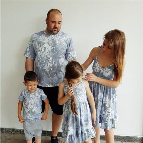 Summer Family Matching Clothes Outfits for Dad Boys T-shirt Tops+Mom Girls Sling Dresses