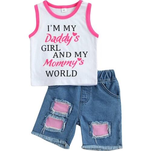 Ma&Baby 1-5Y Summer Casual Children Kid Girl Clothes Set Letter Vest Tops Denim Shorts Jeans Outfits Costumes