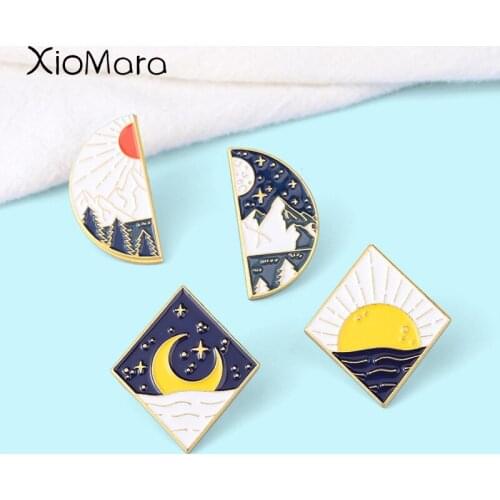 Mountains Metal Enamel Pin Starry Badges Sun Moon Star Forest Lake Brooches Gift for Travel Lover Hikers