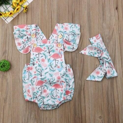 Emmababy Fashion 0-24M Lovely Infant 2PCS Baby Girls Flamingo Romper Bodysuit Jumpsuit+Headband Clothes Set