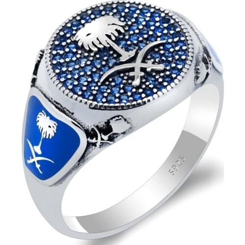 New 925 Sterling Silver Ring for Men Women Islamic Double Swords Man Ring with Blue CZ Palm Tree Vintage Ring Religious Jewelry