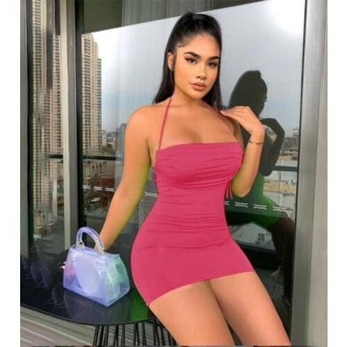 Sexy Tight Hanging Neck Word Collar Dresses Summer Women Fashion Dress Female Solid Color Bag Hip Party Dress