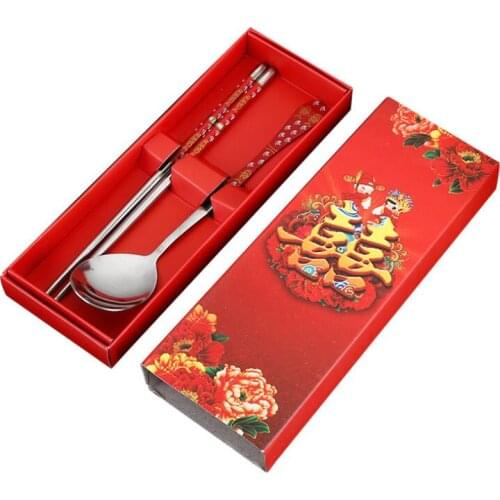 Stainless Steel Dinnerware Double Happiness Red Color Spoons Chopstick Sets Wedding Party Gifts For Guest LX8288