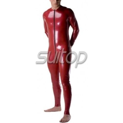 Suitop latex glued catsuit for men red color