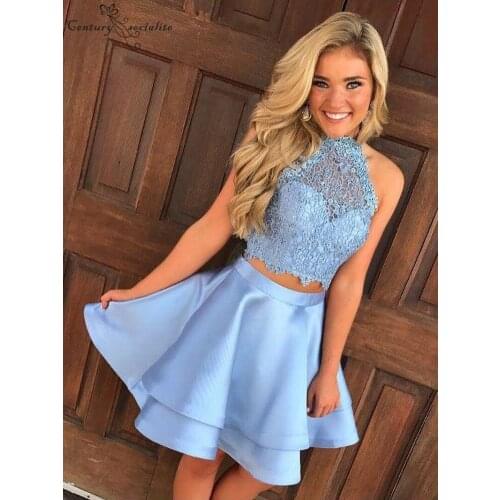 Two Piece Light Blue Short Homecoming Dresses 2020 Lace Halter Open Back Mini Graduation Dresses Party Gowns Prom Dress Cheap