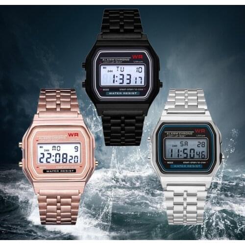 Ultra-thin sports electronic metal watch multifunctional luminous alarm clock steel band watch dress gold ladies mens watch