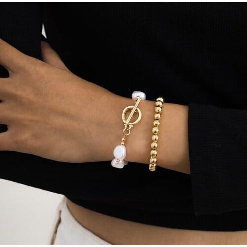 Bohemian Imitation Pearl Layered Gold Bracelet For Women CCB Bead OT Buckle Statement Bangle Bracelet Set Charm Trend Jewelry