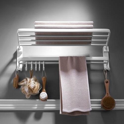 Nordic Towel Rack White Bathroom Shelf No Punch Foldable Aluminum Towel Rod with Hooks 43/53 cm Available Bathroom Accessories