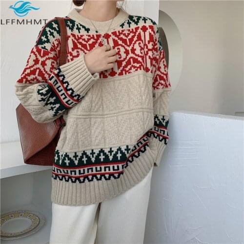 Vintage Folk Style Women O-Neck Long Sleeve Christmas Sweater Office Lady Japanese Harajuku Casual Loose Pullover Knitwear Tops