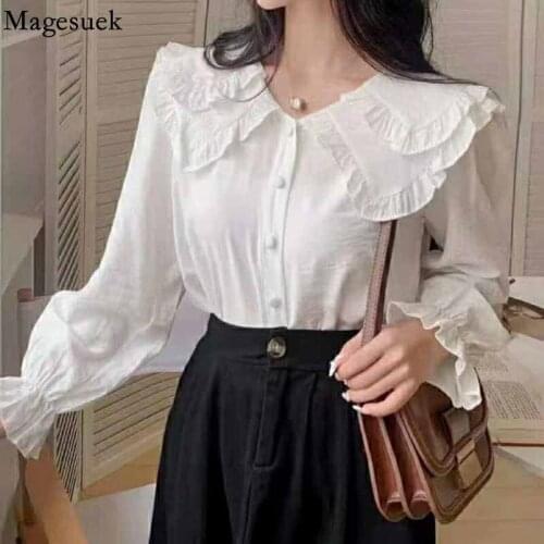 Korean Fashion Double-layer Big Lapel Womens Shirt Casual Loose White Blouse for Women Vintage Shirt Elegant Woman Top 16922